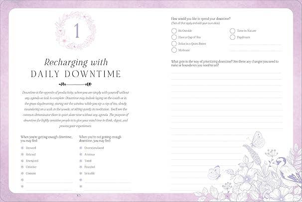 Page from a book titled 'Recharging with Daily Downtime' on a purple background with decorative elements.