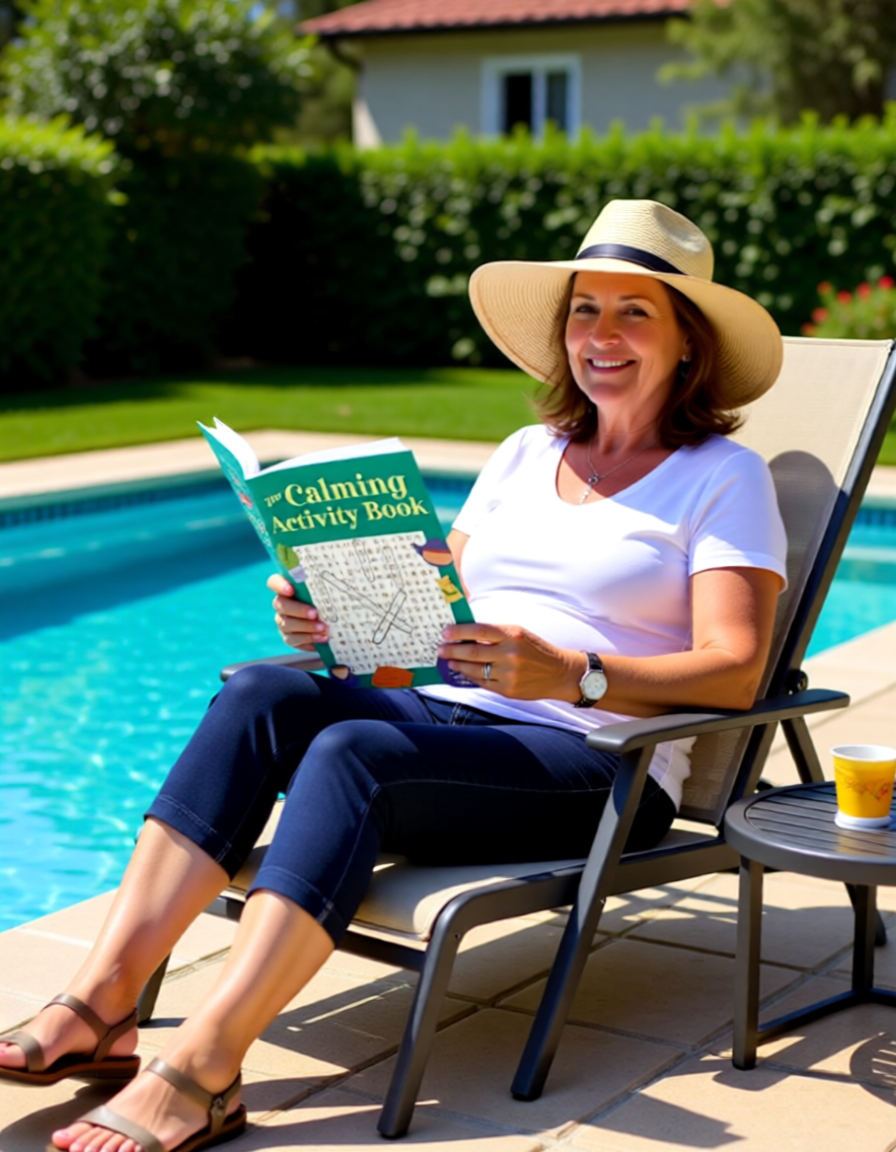 Woman reading a book by a poolside