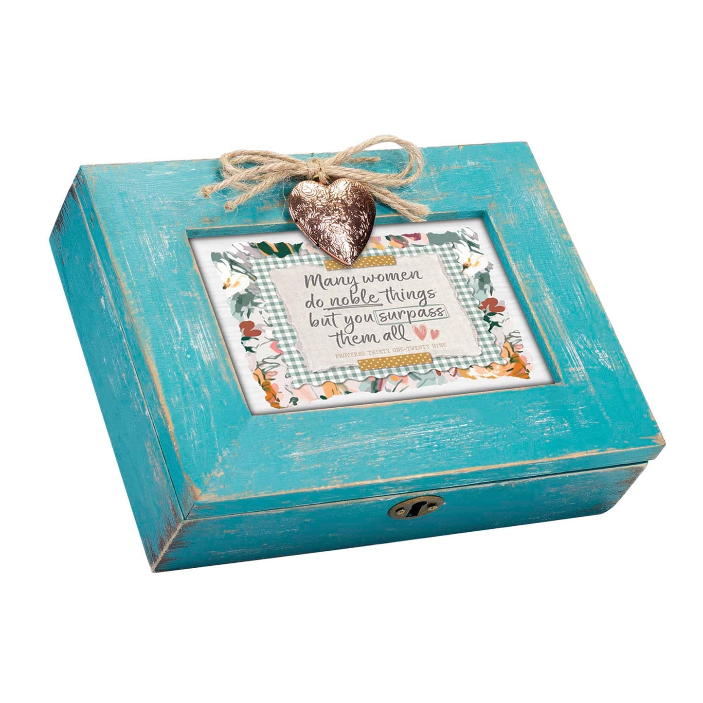 Blue wooden box with decorative heart and text on a white background