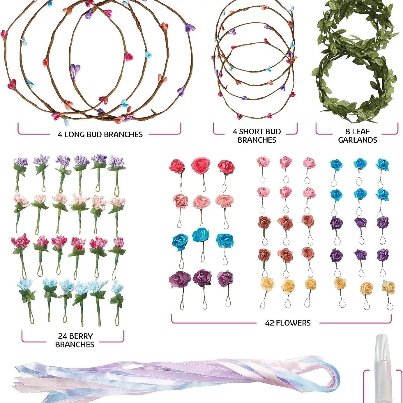 Set of floral branches, garlands, and flowers with measurements and a marker on a white background.