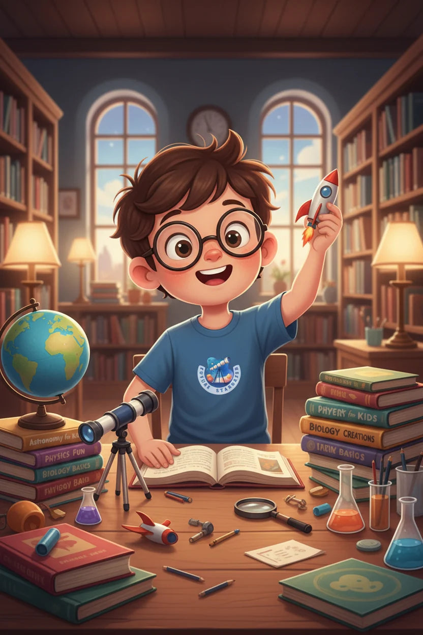 A cartoon-style boy with glasses sits at a wooden desk in a library, holding a small rocket model. He wears a blue t-shirt with a space-themed logo.