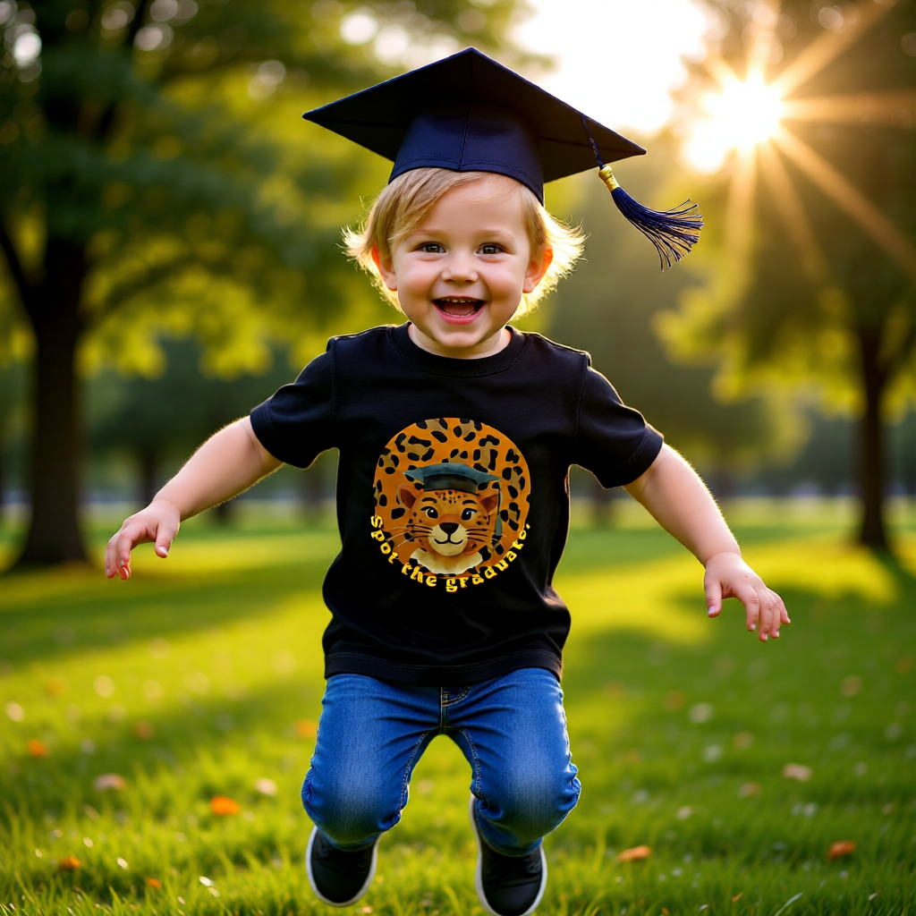 Child wearing a graduation cap and tassel, running outdoors with a sunlit background. The cheetah skin circle with cheetah face and graudation cap adorns the graduation t-shirt. "Spot the graduate."