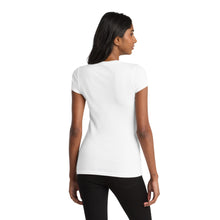 Woman wearing a white t-shirt on a white background