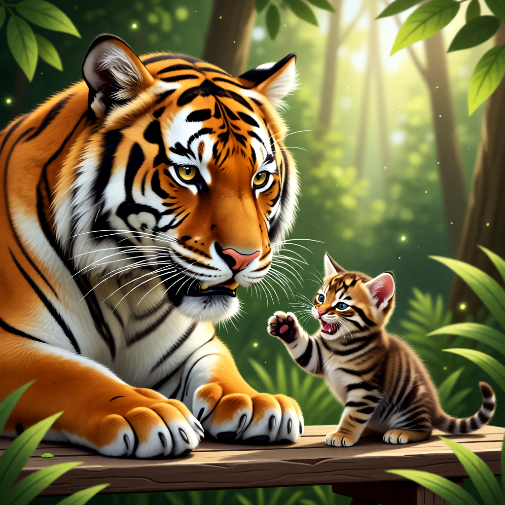 Big lion vs small striped kitten