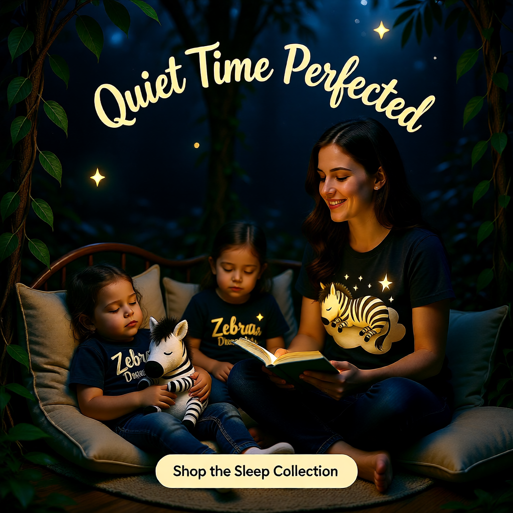 Woman reading a book to two children in a cozy indoor setting with 'Quiet Time Perfected' text.