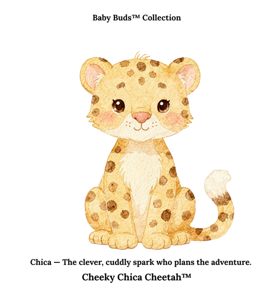 Baby girl cheetah, Chica, sits with tail waving in the air.