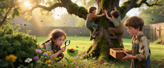 Backyard adventure with kids exploring nature adn climbing trees