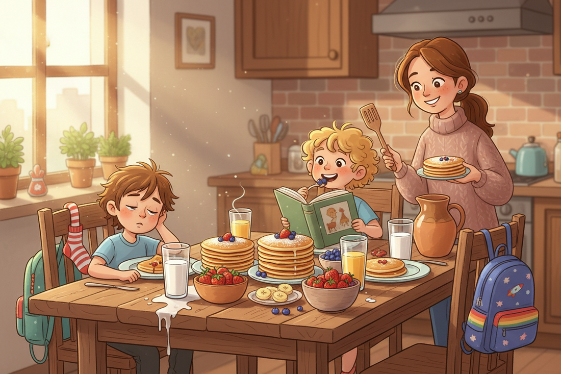 Back-to-school breakfast table with two siblings a mother making breakfast.