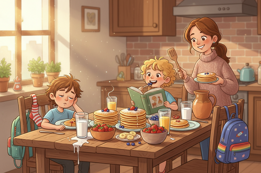 Back-to-school breakfast table with two siblings a mother making breakfast.