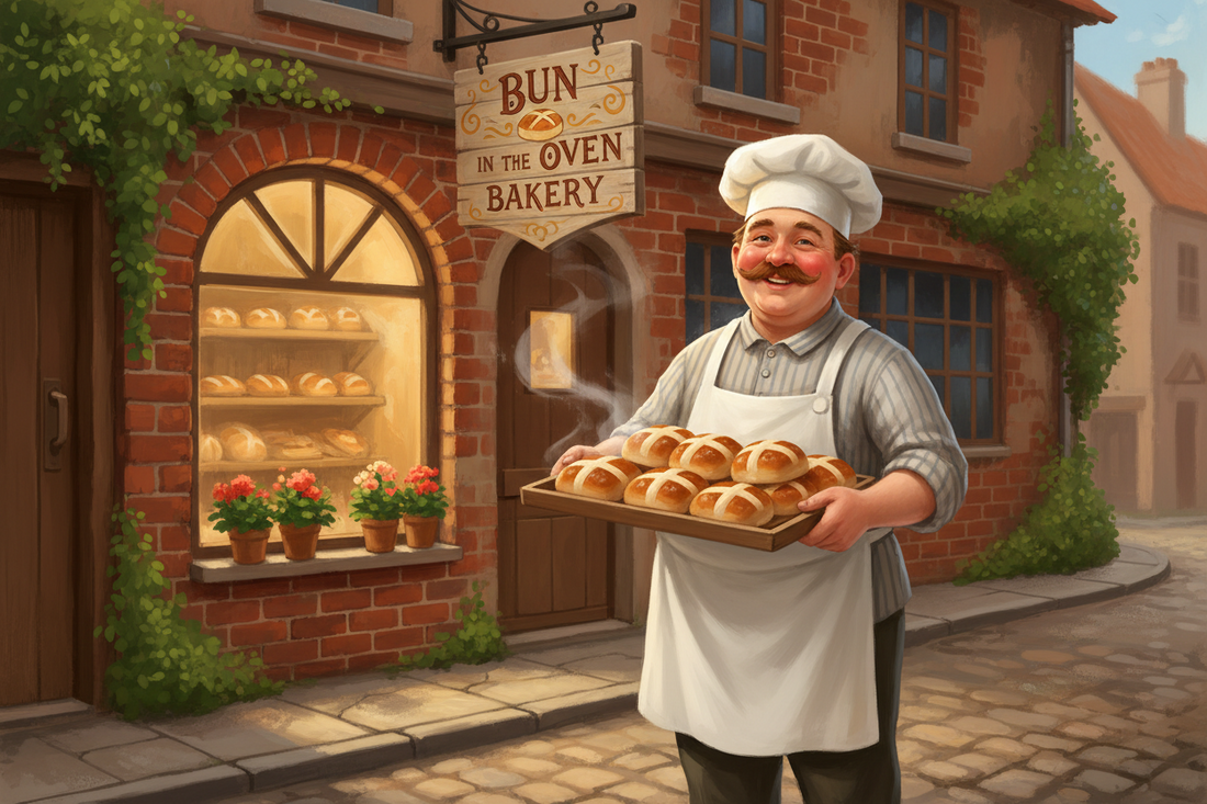 Baker holding buns. The sign read Bun in the Oven Bakery.
