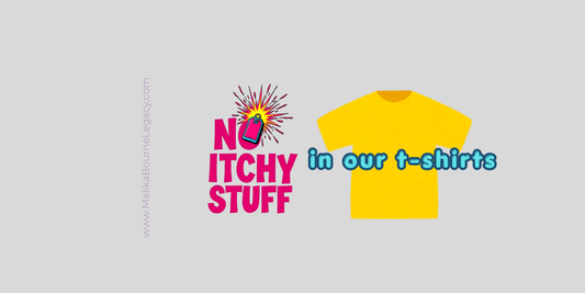 Test, "No itchy stuff in our t-shirts" in hot pink. yellow t-shirt