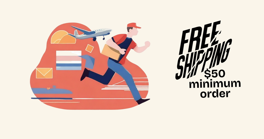 Deliveryman running alongside airplane and truck. Text Free Shipping $50 minimum order..
