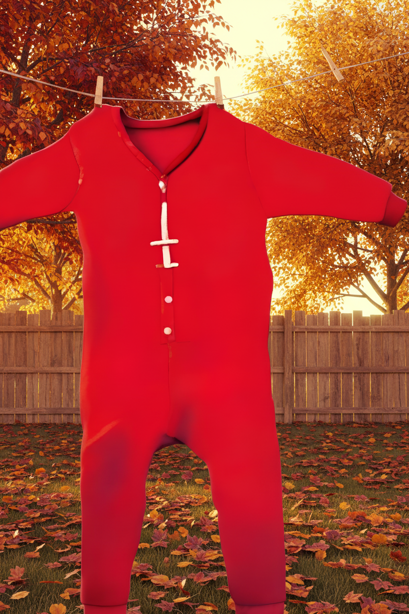 A pair of red long Johns long underwear hanging on the clothesline on a fall day.