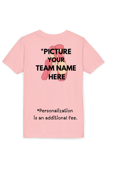 Pink t-shirt with customizable text on a white background