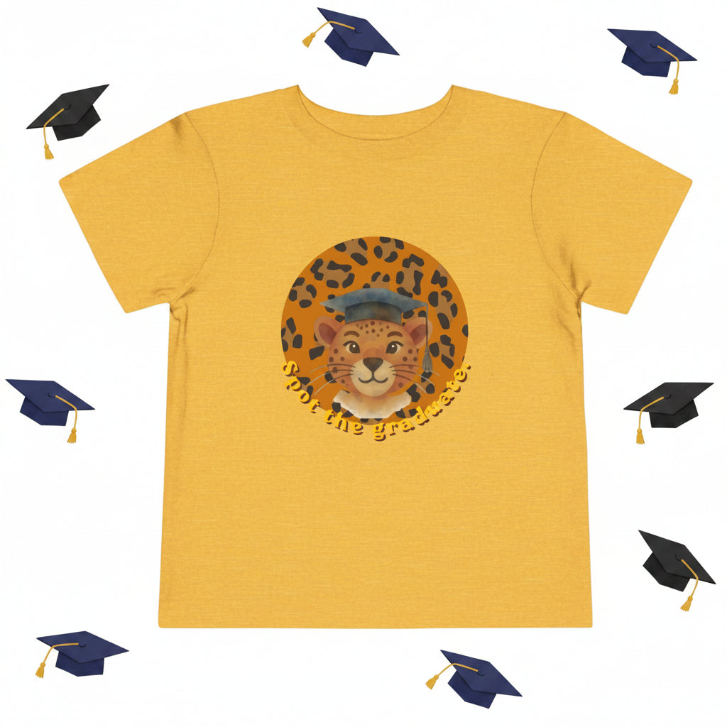Yellow gold  t-shirt with a graphic of a cat wearing a graduation cap on a white background