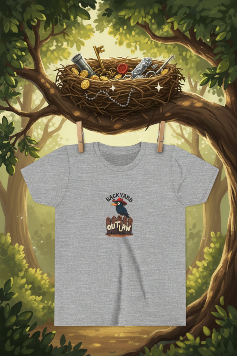 A grey T-shirt hanging from a tree branch with a nest above the shirt is filled with shiny things. The graphic on the tee shows a black crow wearing a red cowboy hat sitting on a fence. The text says, "Backyard Outlaw". AI generation from the imaginative prompt of Malika Bourne Legacy