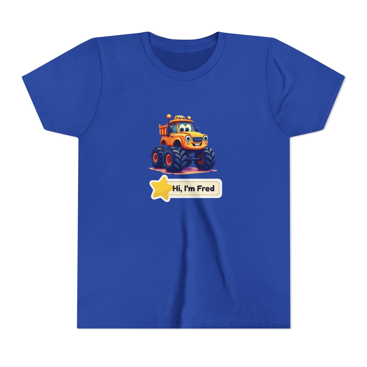 A royal blue short-sleeve crewneck t-shirt featuring a cartoon graphic of an orange and yellow monster truck with a speech bubble that reads 'Hi, I'm Fred'.