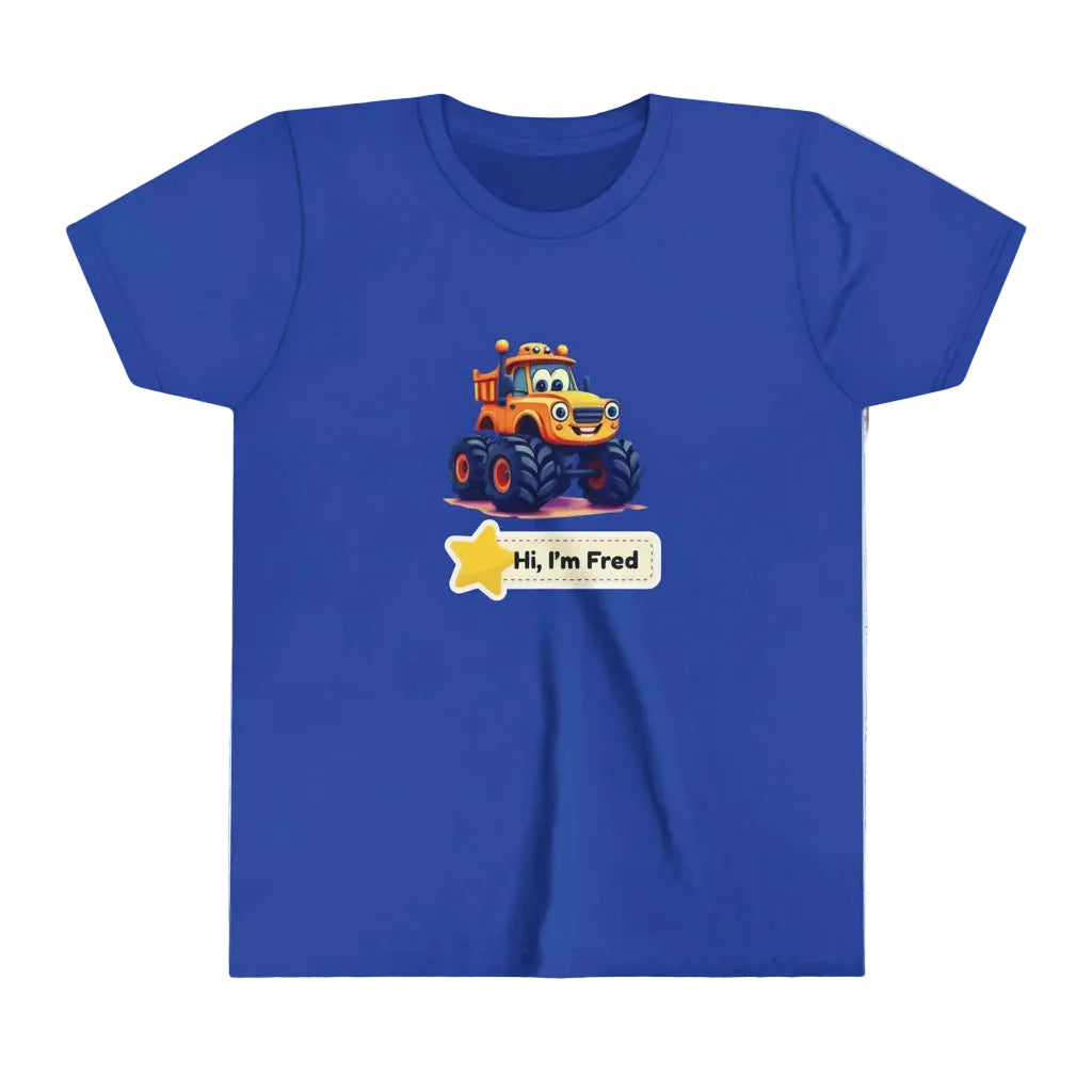 A royal blue short-sleeve kid's crewneck t-shirt featuring a cartoon graphic of an orange and yellow monster truck with a speech bubble that reads 'Hi, I'm Fred'.