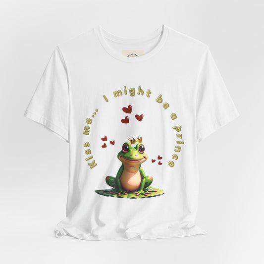 White t-shirt with a frog graphic and text on a white background