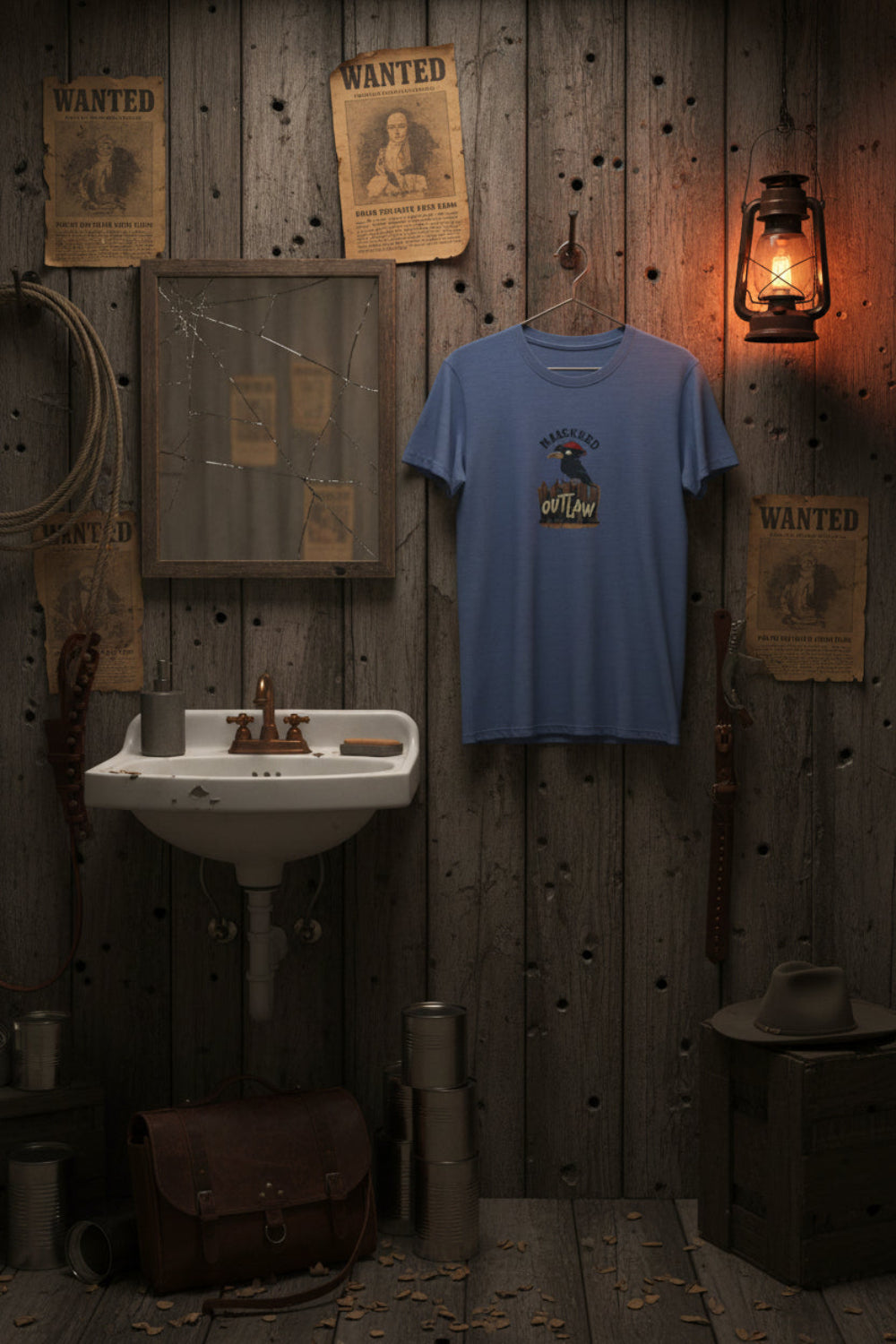 A blue T-shirt hangs up in a rustic outhouse. Wanted signs on the wooden plank walls. The text on the graphic crew shirt says, "Backyard Outlaw." AI-created image from the creative prompt of Malika Bourne legacy.