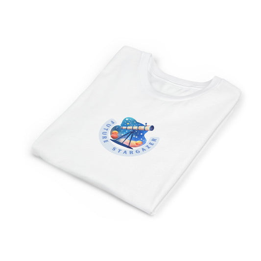 A folded white crewneck t-shirt with a circular graphic on the chest featuring a blue stargazing telescope, planets, and the text 'FUTURE STARGAZER'.