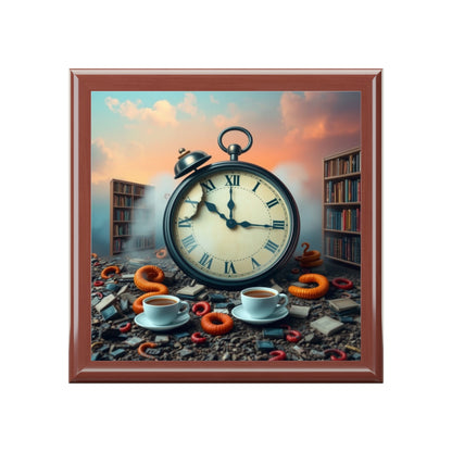 Jewelry box with framed artwork with a large clock, books, and coffee cups on a textured surface.