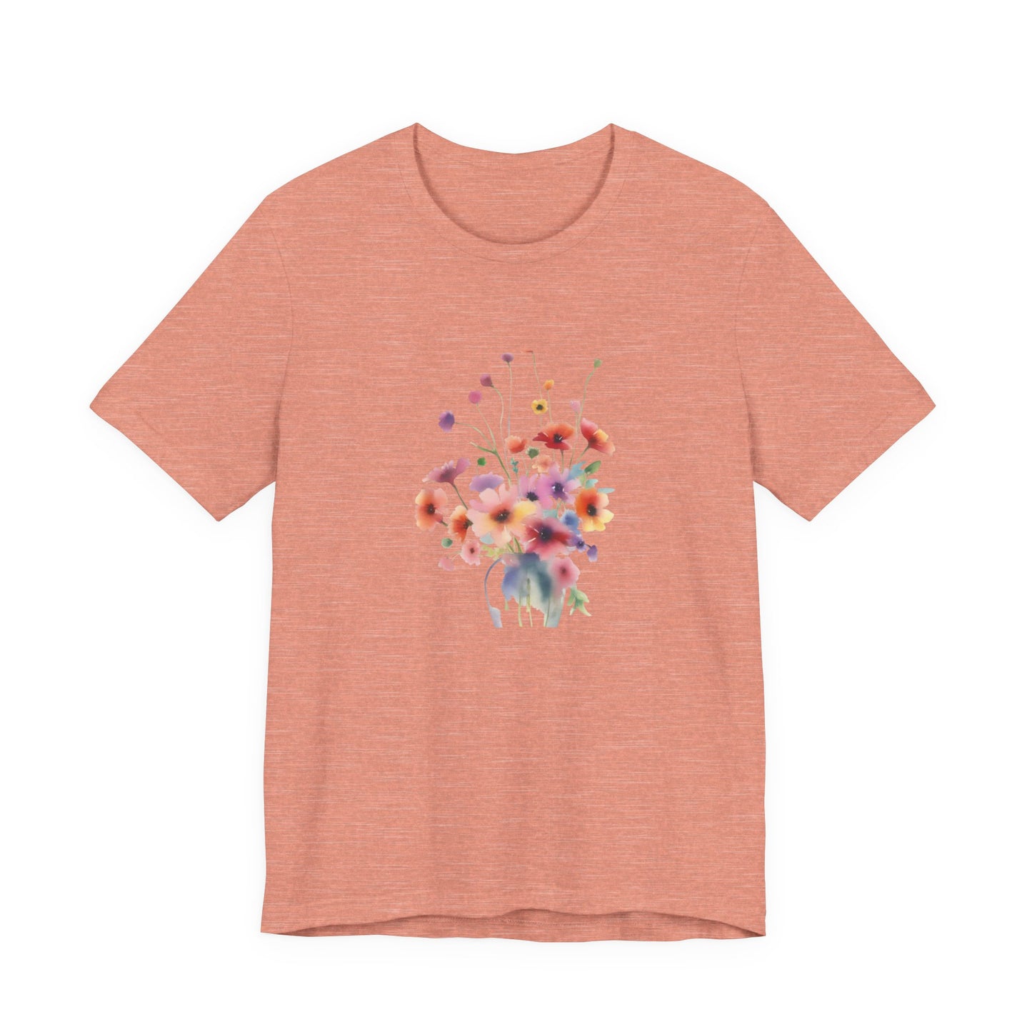 Pink t-shirt with a colorful floral design on a white background