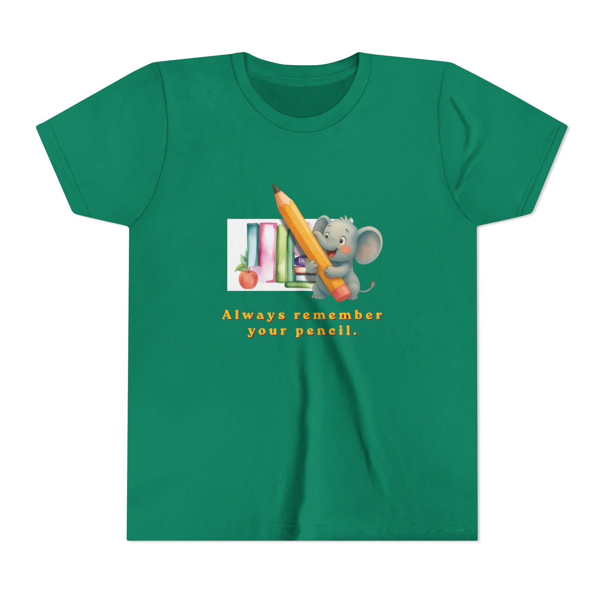Green t-shirt with a cartoon elephant holding a pencil and books, and text 'Always remember your pencil.'