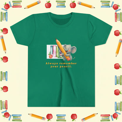 Green t-shirt with a cartoon elephant holding a pencil and books, and text 'Always remember your pencil.'