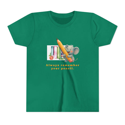 Green t-shirt with a cartoon elephant holding a pencil and books, and text 'Always remember your pencil.'
