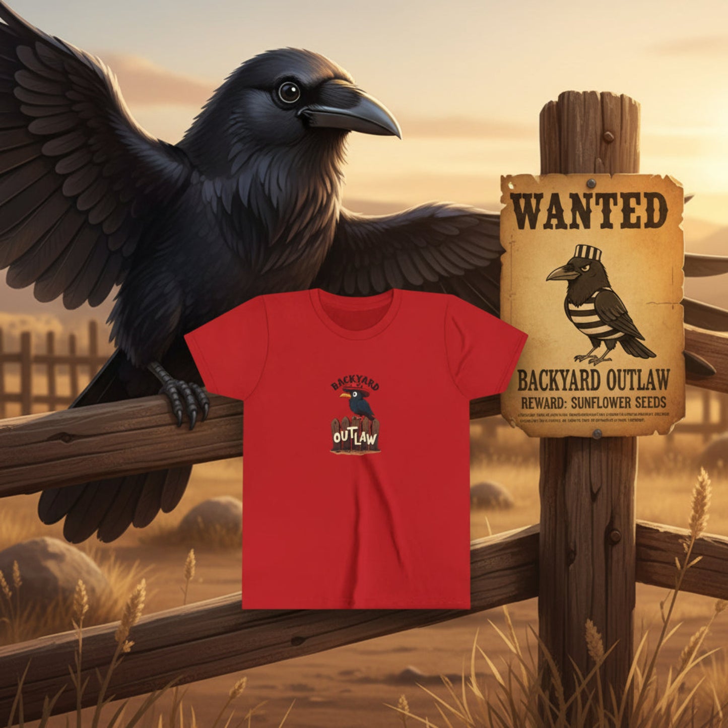 A red short-sleeve T-shirt with a graphic print of a black bird and the words 'BACKYARD OUTLAW' is displayed in front of a wooden fence and a wanted poster. A large black bird with spread wings perches on the fence behind the shirt, and a warm sunset sky fills the background. AI created from prompt by Malika Bourne Legacy of Ray the tlaking crow.