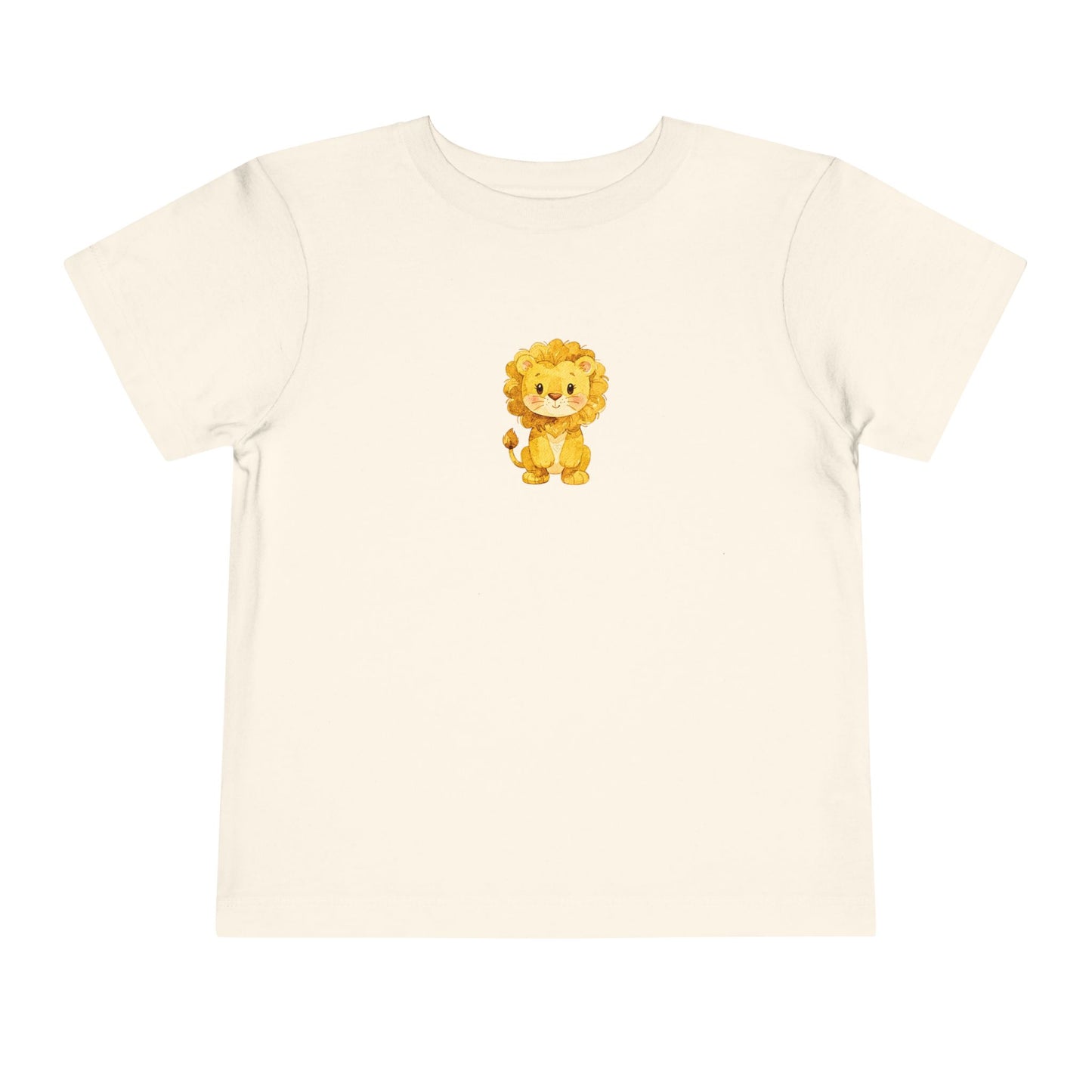 Beige Cute watercolor lion toddler t‑shirt with a small heart detail, printed on a soft Bella + Canvas short‑sleeve tee.