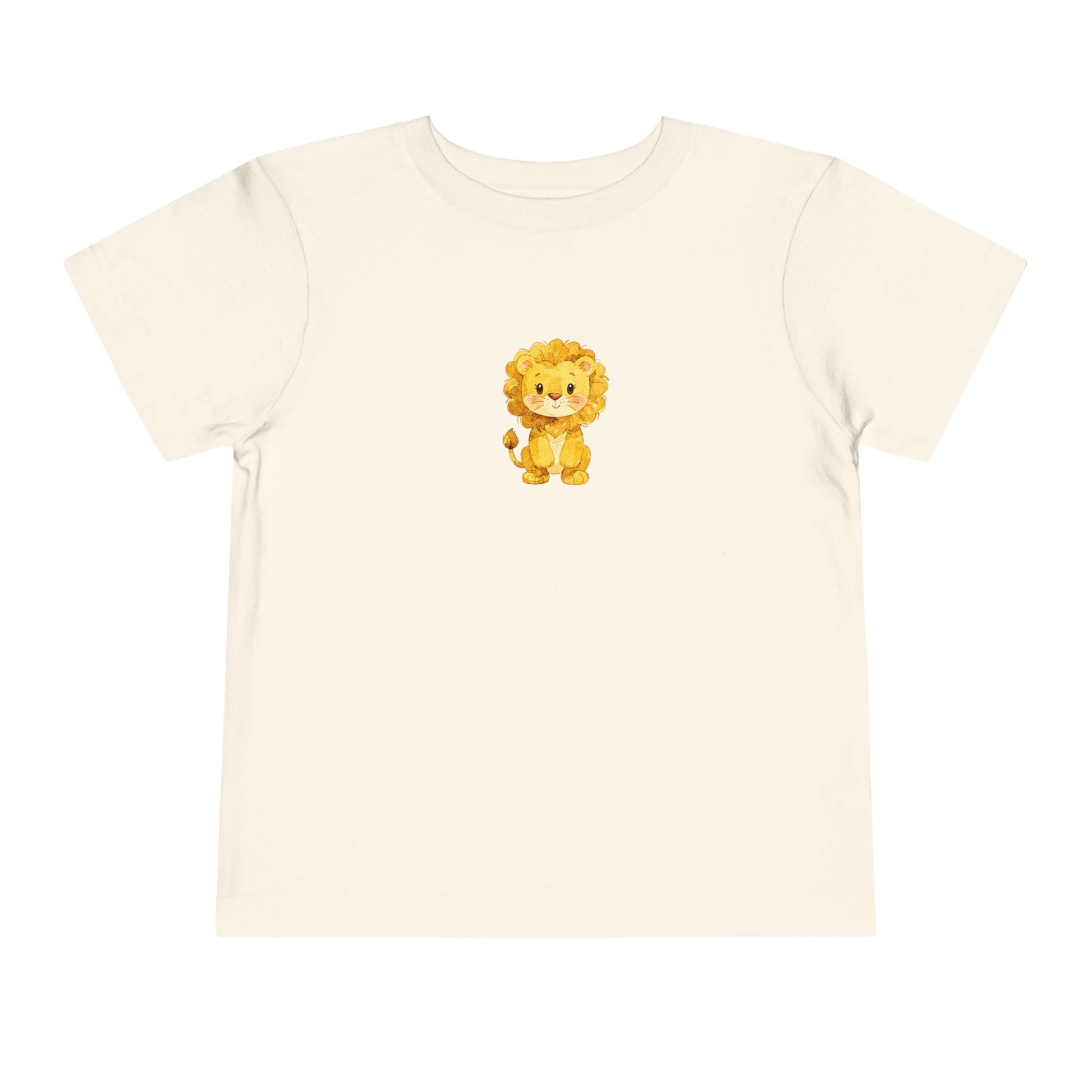 Beige Cute watercolor lion toddler t‑shirt with a small heart detail, printed on a soft Bella + Canvas short‑sleeve tee.