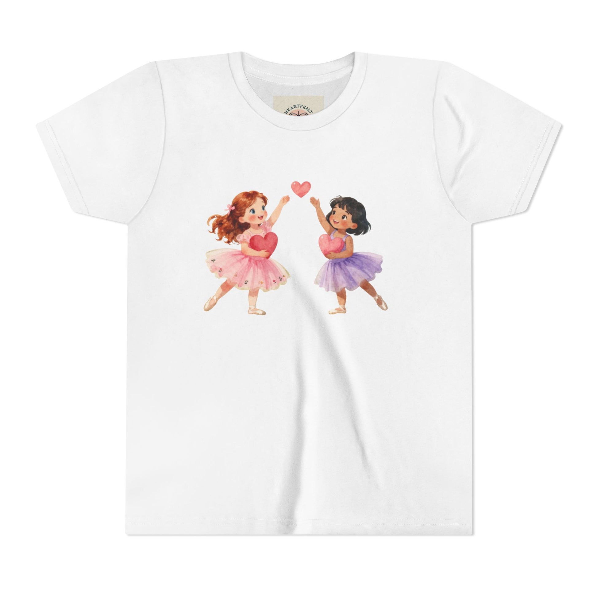 White t-shirt with cartoon characters in ballet poses on a white background