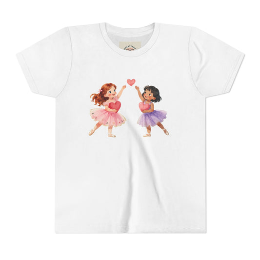 White t-shirt with cartoon characters in ballet poses on a white background
