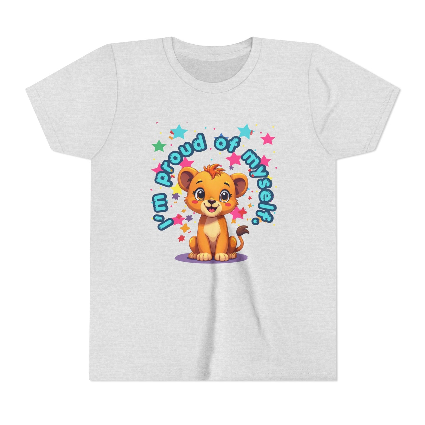 White t-shirt with a cartoon lion and text on a white background