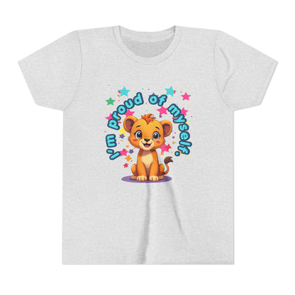 White t-shirt with a cartoon lion and text on a white background