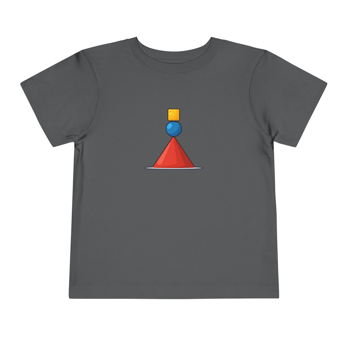 A dark gray short-sleeve t-shirt with a small geometric graphic on the chest featuring a red cone, a blue sphere, and a yellow cube.
