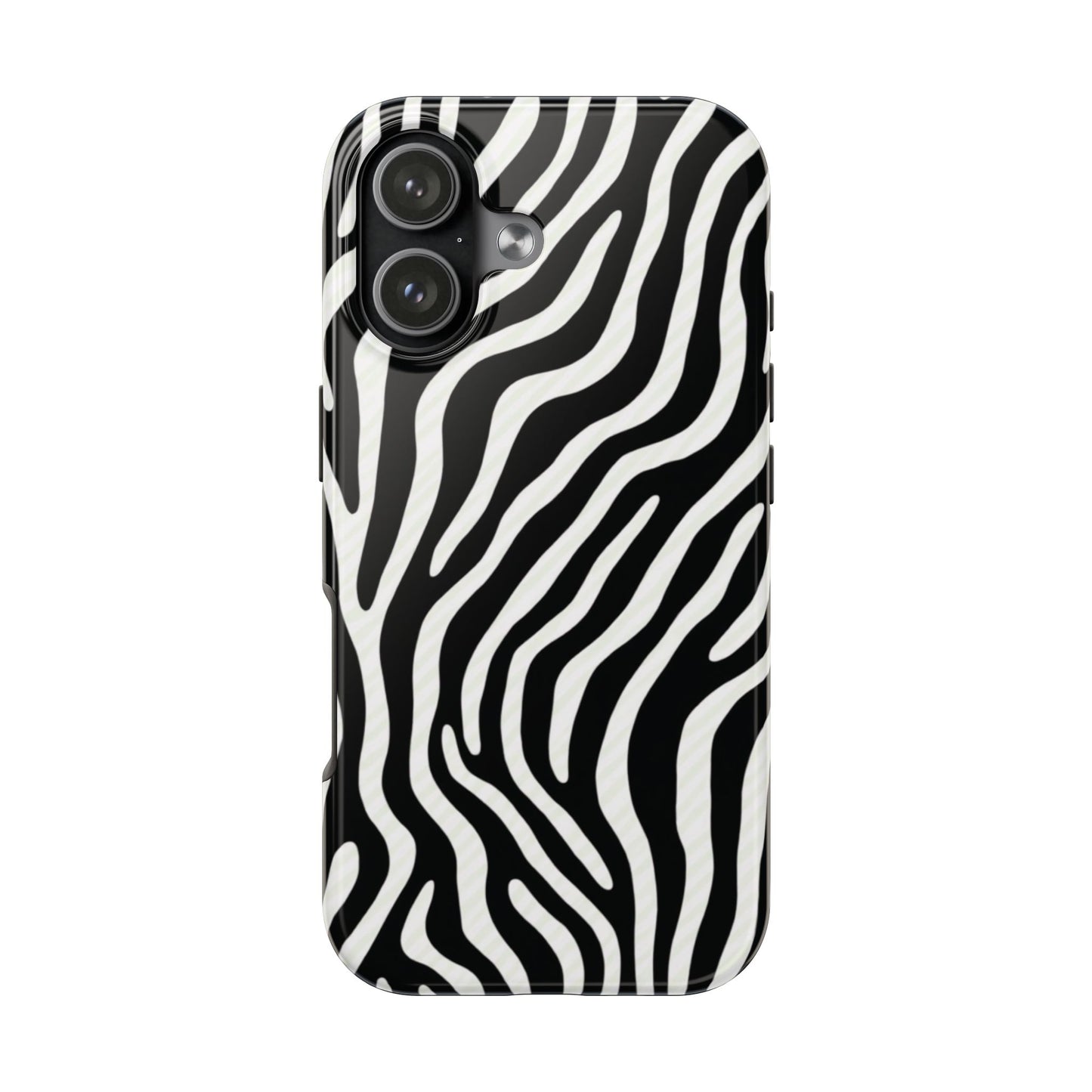 Phone case with black and white zebra pattern on a white background