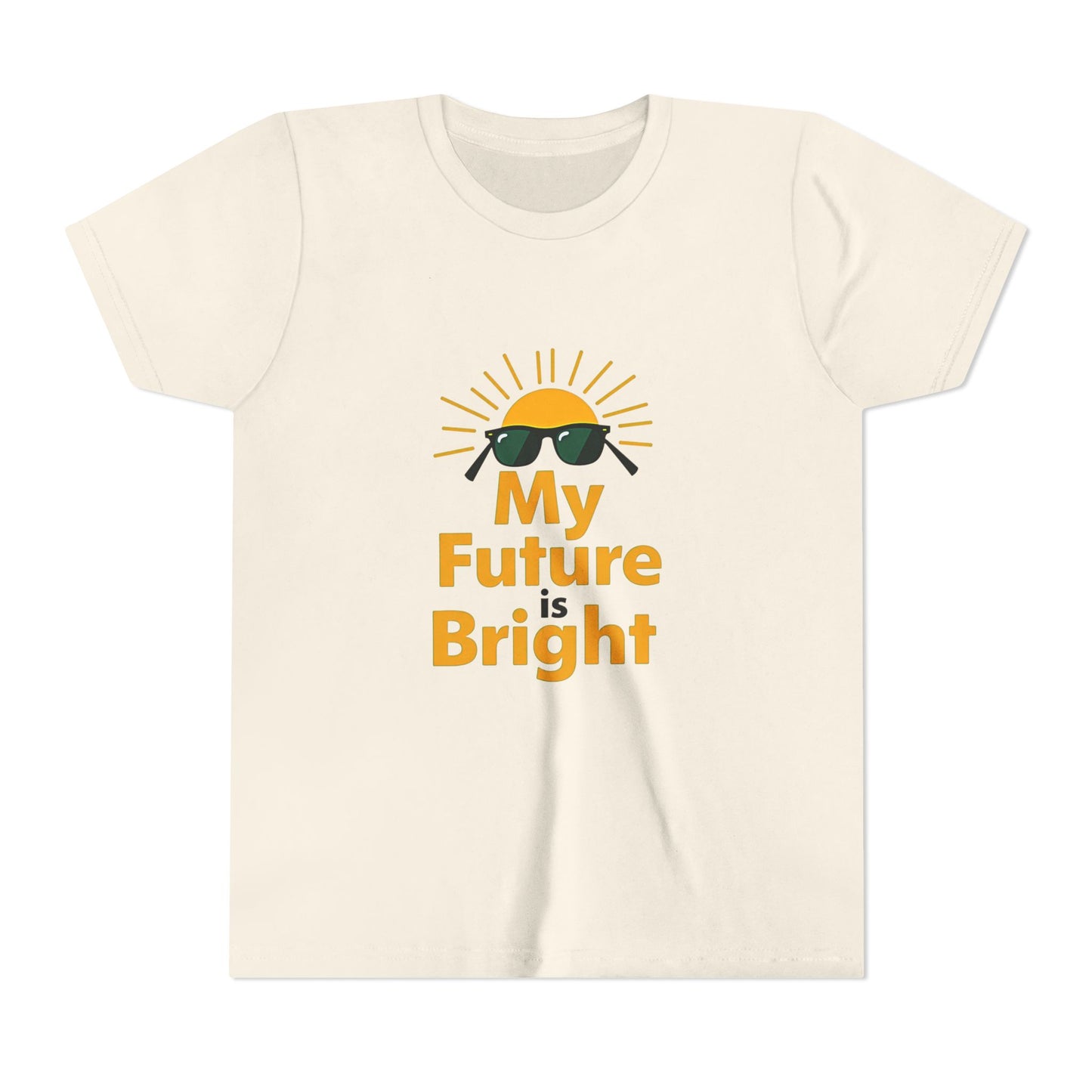 Beige t-shirt with 'My Future is Bright' text and sun graphic on a white background