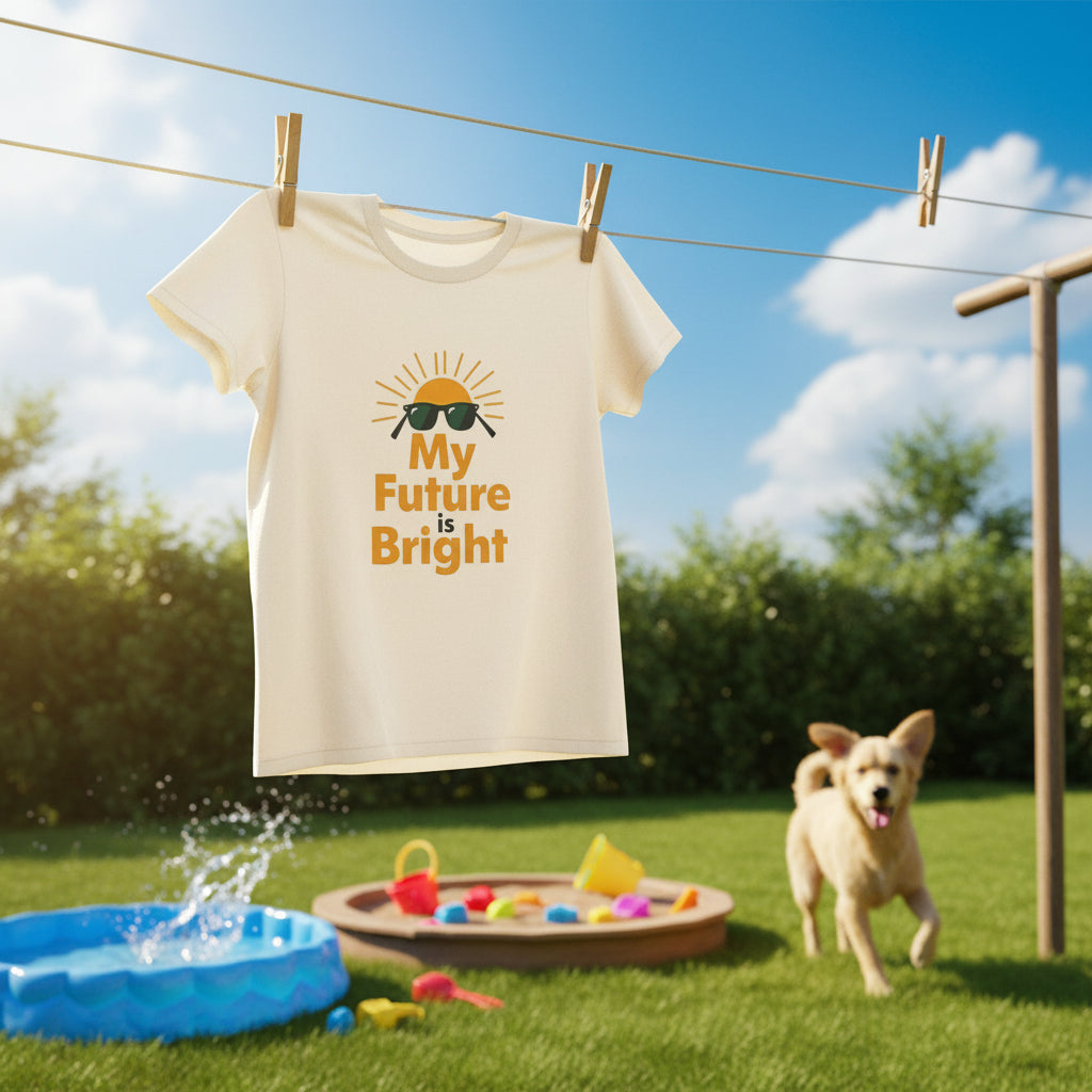 Beige t-shirt with 'My Future is Bright' text and sun graphic on a sunny day in the backyard background