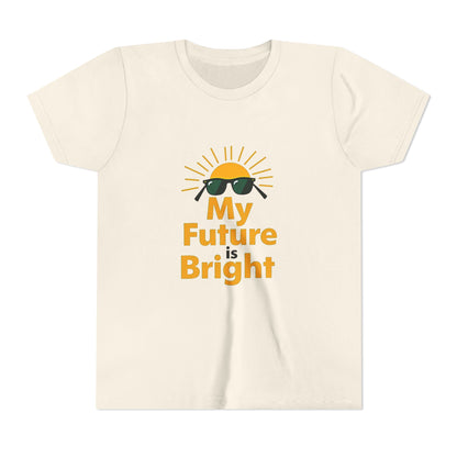 Beige t-shirt with 'My Future is Bright' text and sun graphic on a white background