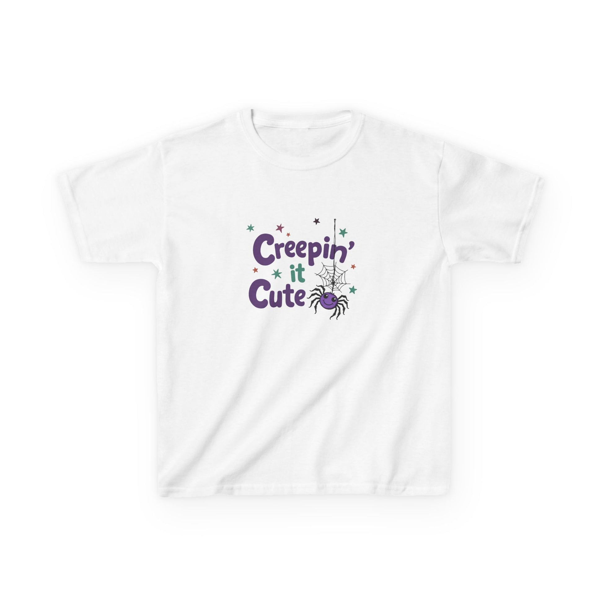Kids Halloween shirt with “Creepin’ It Cute” design featuring colorful lettering and a friendly spider on a Gildan 5000B Heavy Cotton Tee.