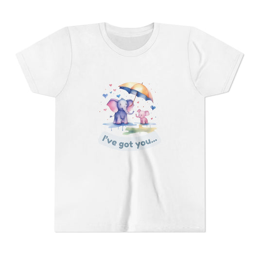 White t-shirt with cartoon elephants holding an umbrella and text 'I've got you...' on a white background