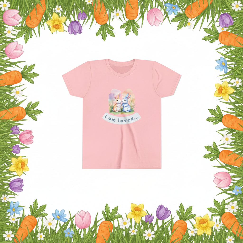 Pink t-shirt with cartoon bunnies and 'I am loved' text on a white background