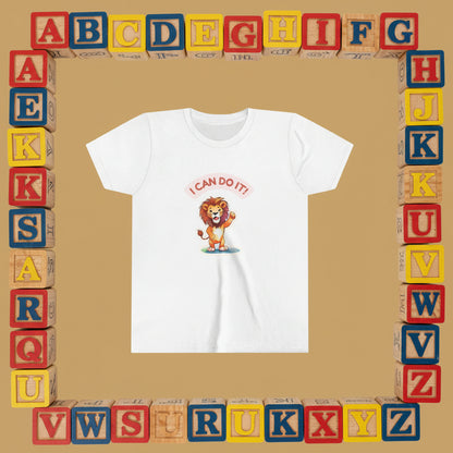 White t-shirt with a cartoon lion and 'I Can Do It!'