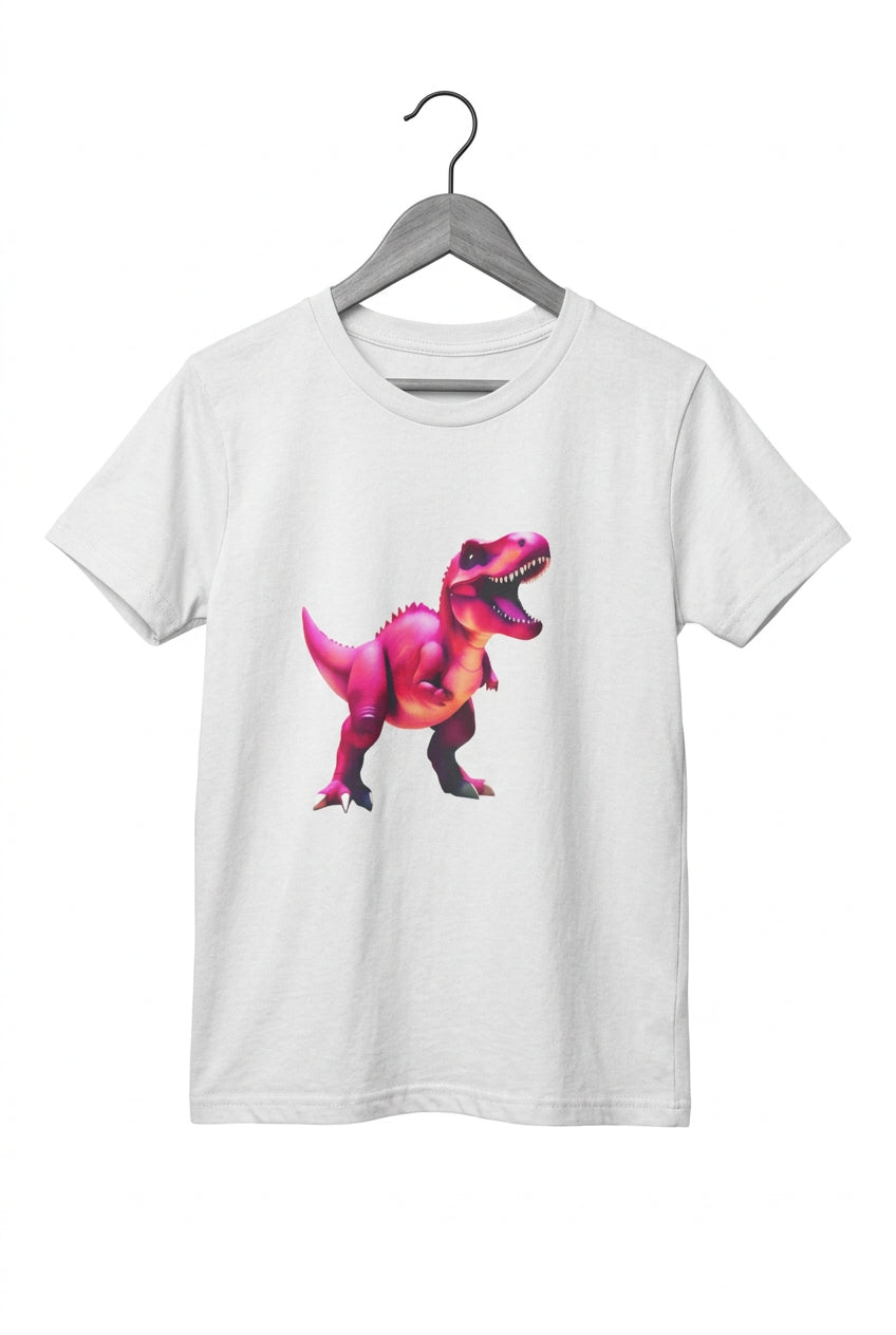 A large magenta dinosaur opens its mouth on a white t-shirt. shirt on a hanger.