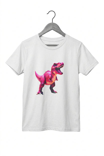 A large magenta dinosaur opens its mouth on a white t-shirt. shirt on a hanger.