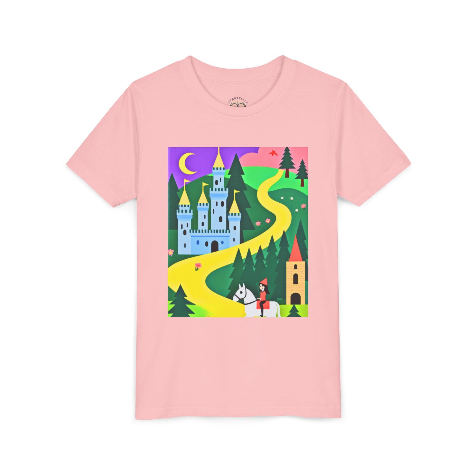 Pink t-shirt with a colorful graphic of a castle and path on a white background