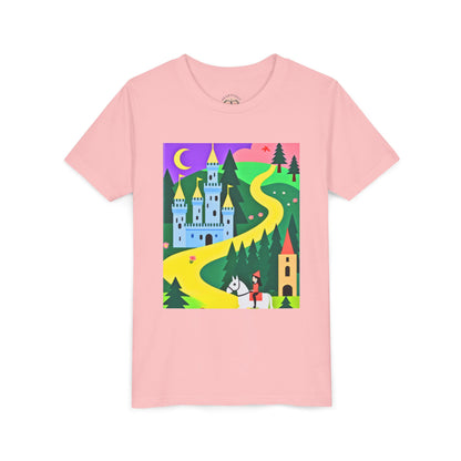 Pink t-shirt with a colorful graphic of a castle and path on a white background